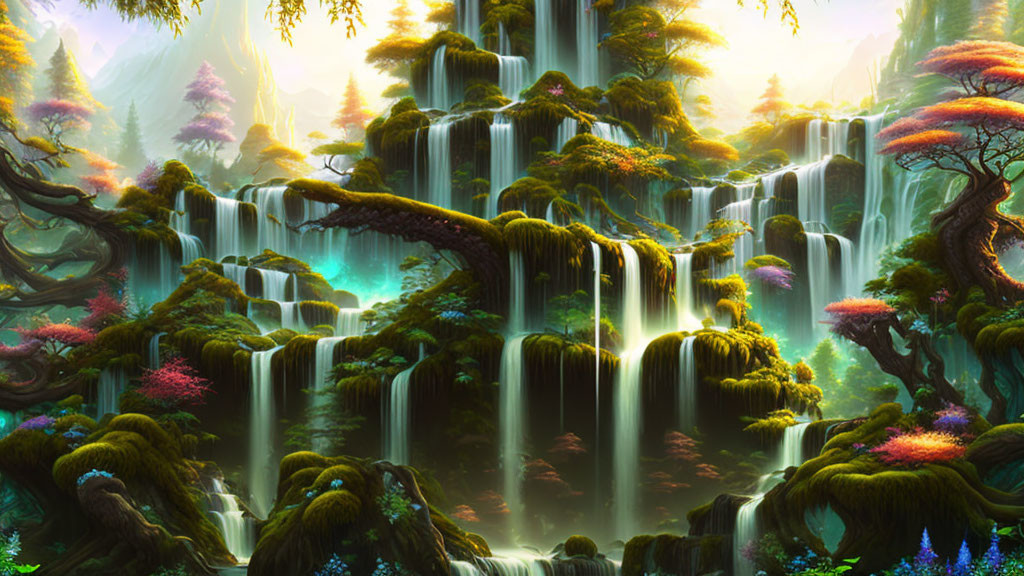 Colorful Fantastical Landscape with Waterfalls and Lush Greenery