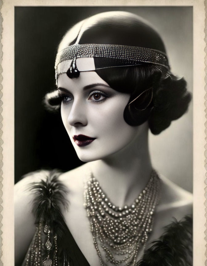 1920s flapper style portrait of a woman with headband and pearl necklaces