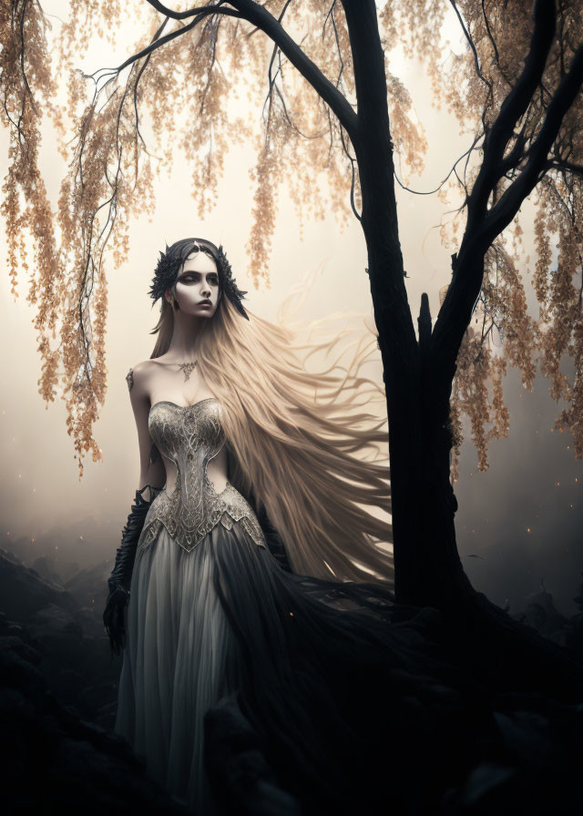 Mystical woman in white dress in foggy woods with golden-hued trees