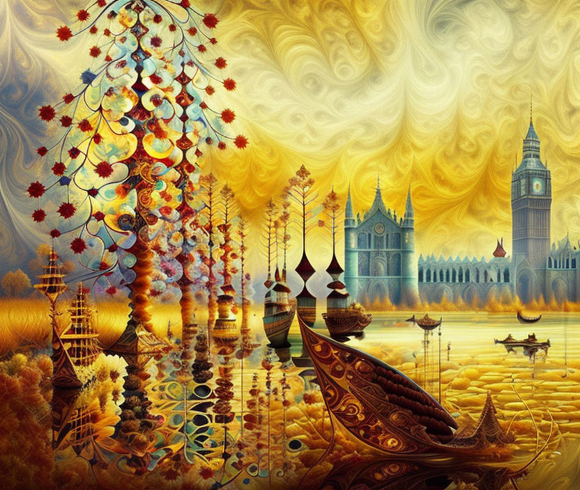 Colorful Fantasy Landscape with Clock Tower, Boats, and Swirling Skies