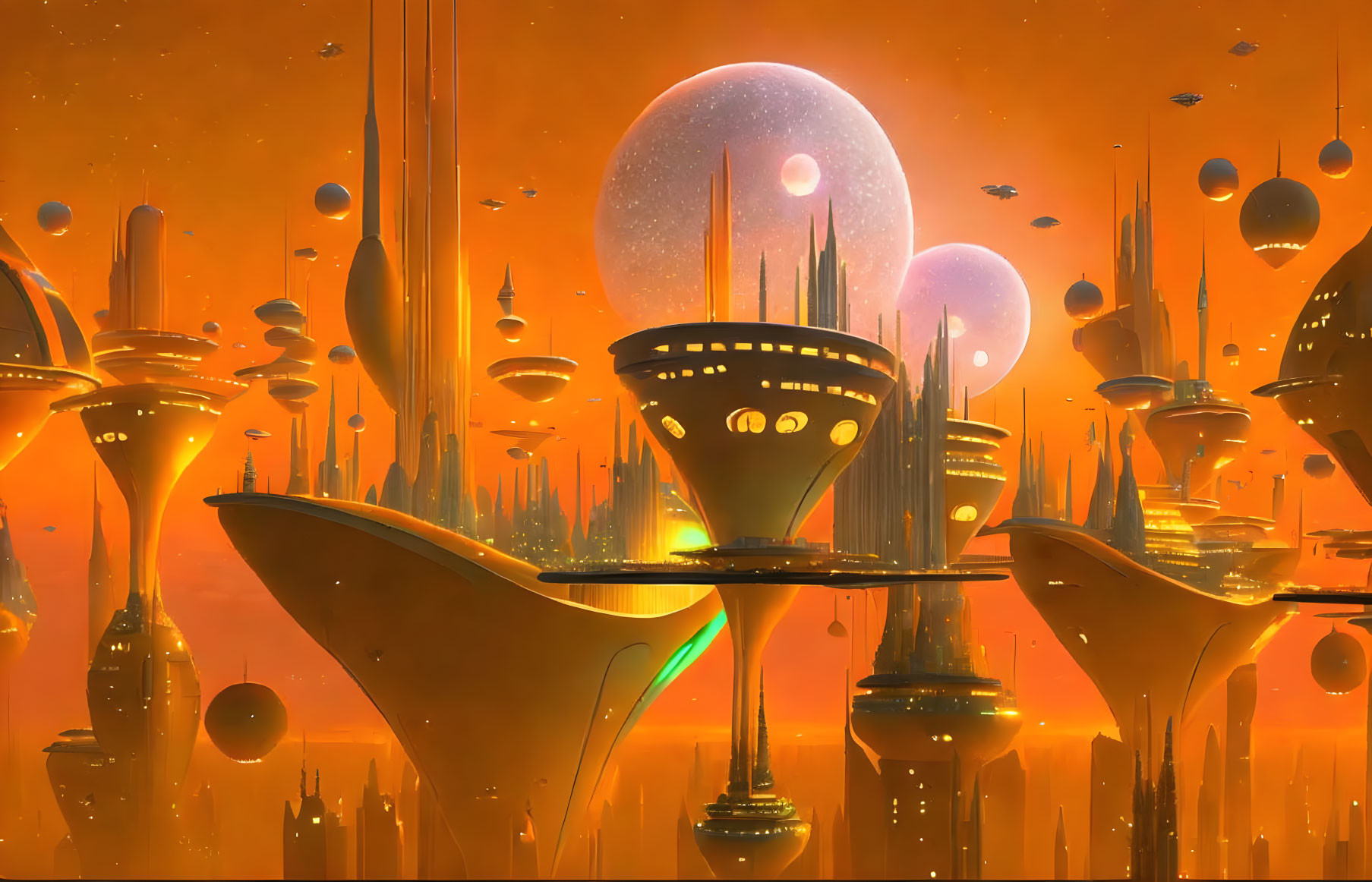 Futuristic cityscape with orange skies, floating structures, spires, and large moons.