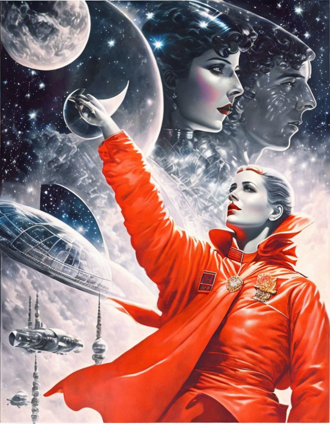 Vintage Sci-Fi Illustration: Woman in Red Space Uniform, Male Profile, Spaceship, Celestial