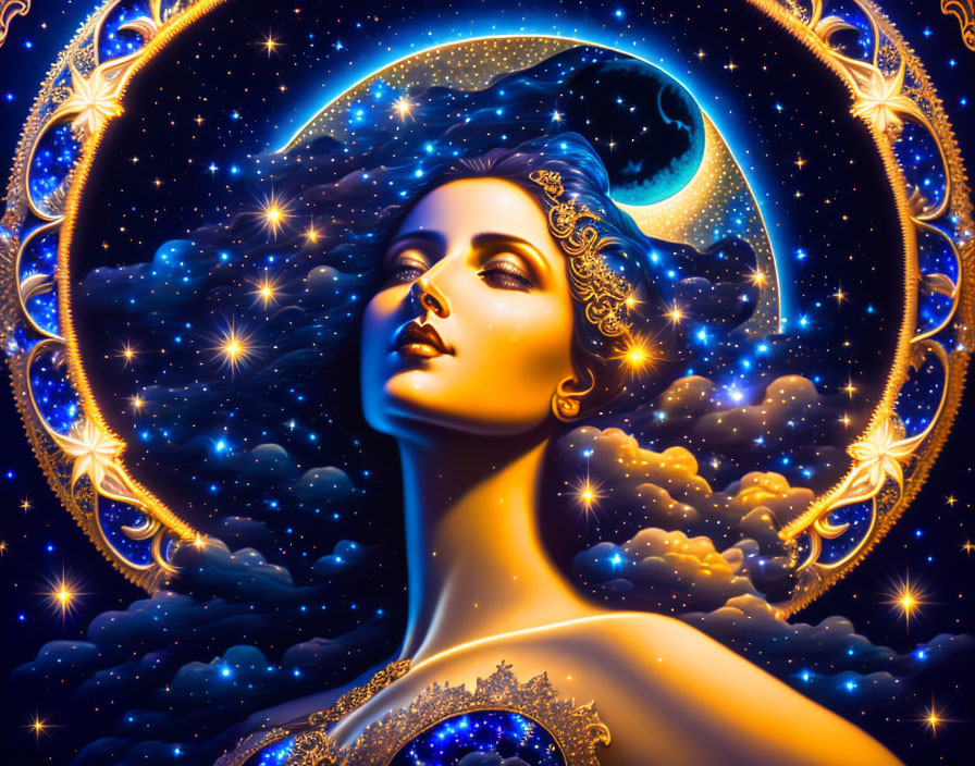 Celestial woman surrounded by stars and moon on cosmic blue background