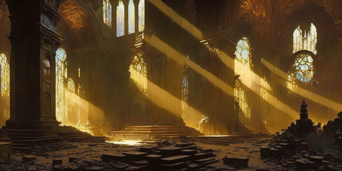 Deserted cathedral with sunlight through stained glass