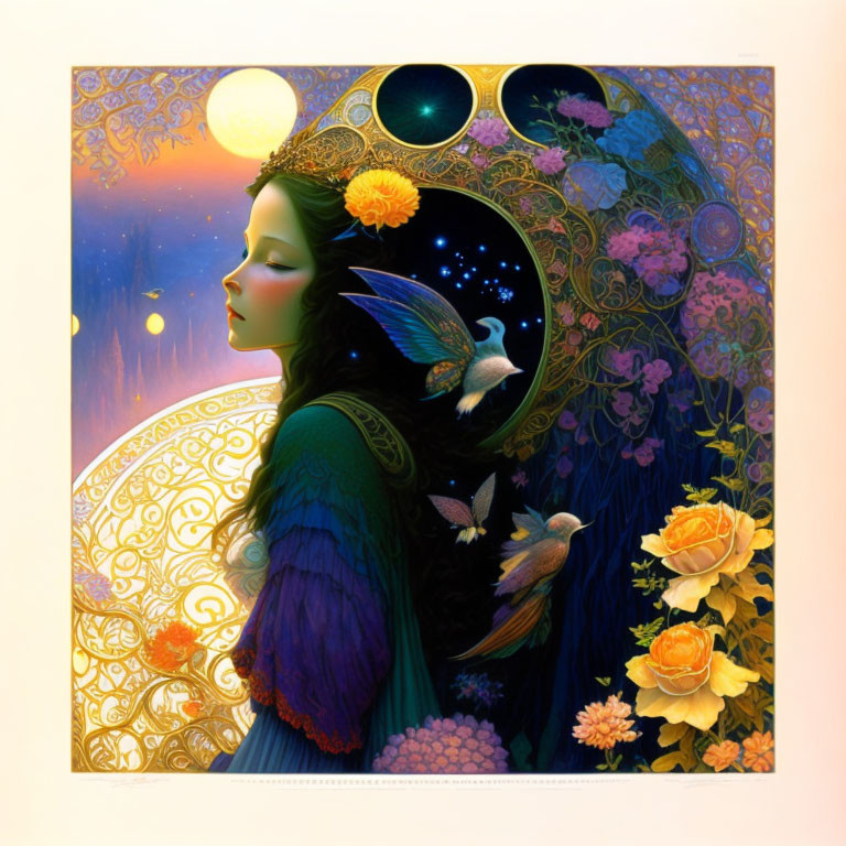 Illustration of woman with celestial motifs, flowers, and birds under moonlit sky