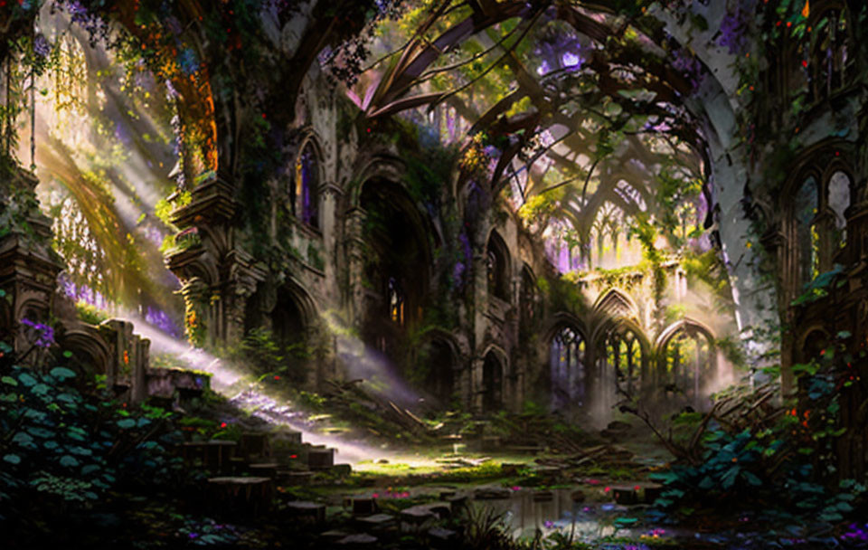 Ruined cathedral overgrown with greenery in sunlight