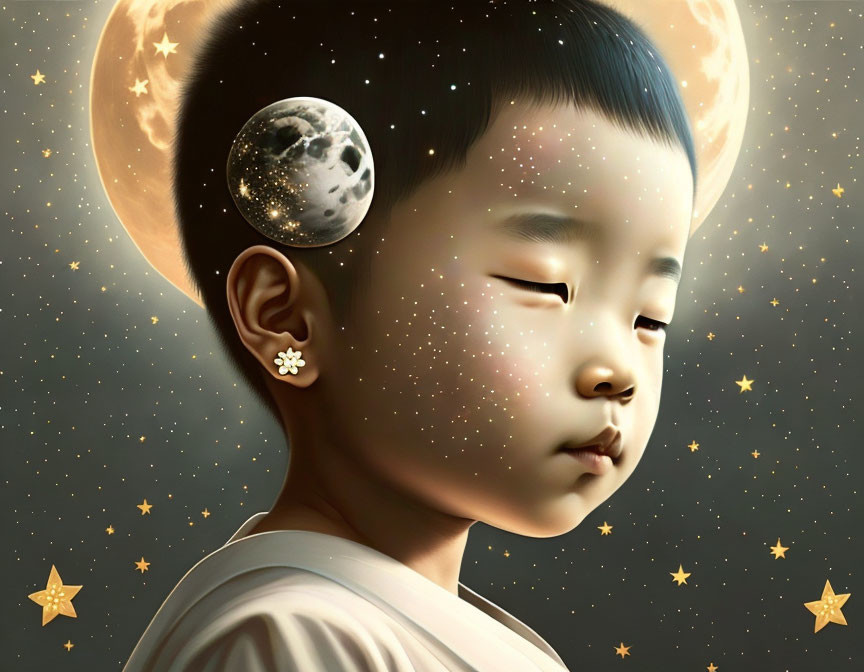 Young boy with moon earring and starry visage under oversized full moon