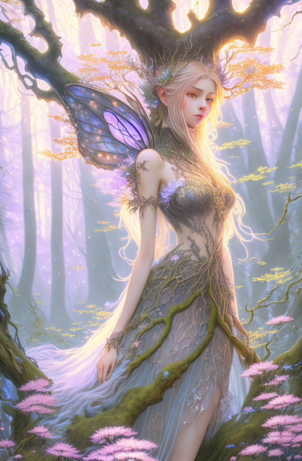 Ethereal fairy with translucent wings in misty forest surrounded by pink flowers