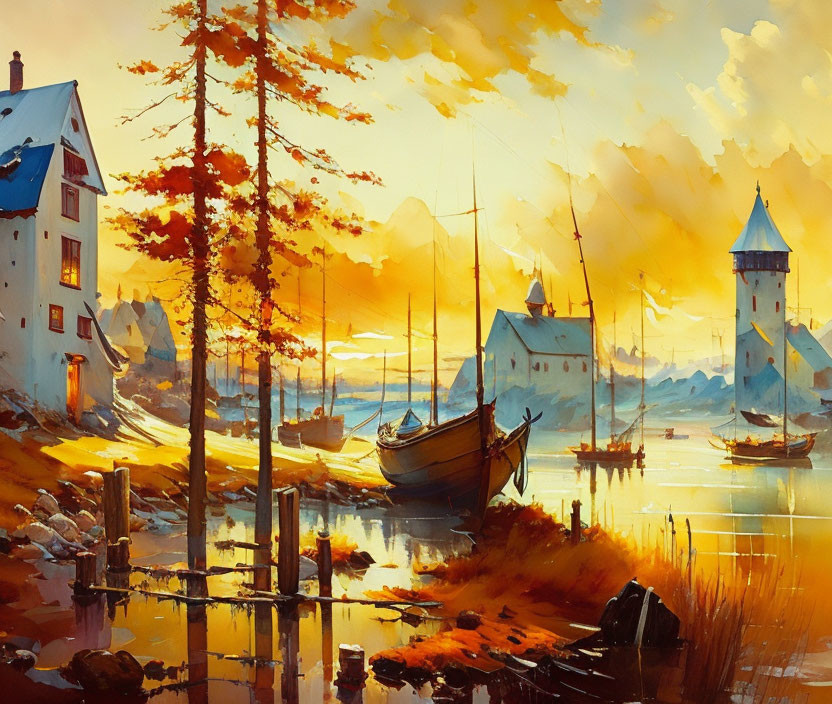 Tranquil harbor painting: sunset, boats, lighthouse, reflections, autumn trees