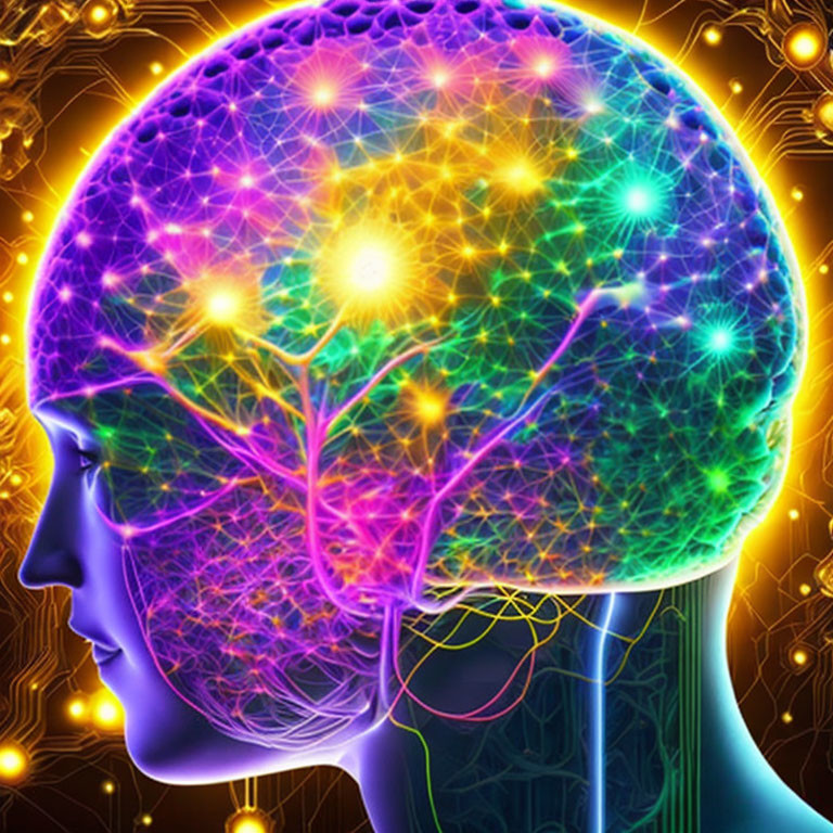 Colorful Human Head Silhouette with Glowing Brain Network Illustration