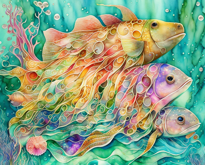 Vibrant fish painting with intricate patterns and textures