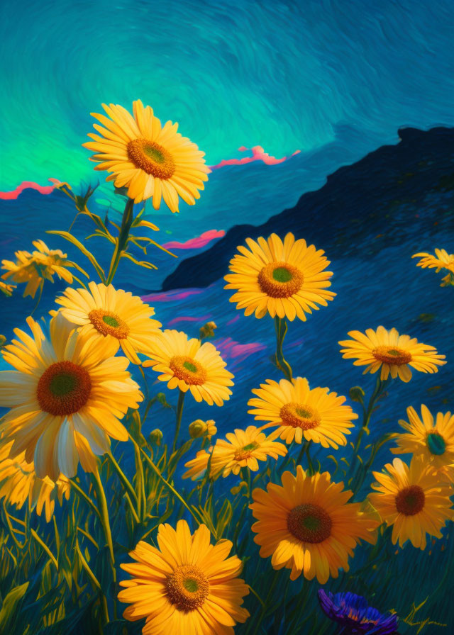 Vibrant digital painting: Golden sunflowers in bloom on blue backdrop.