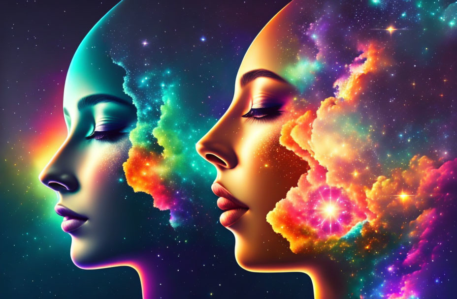 Dual artistic profiles of women with space and nebulae visuals on dark background