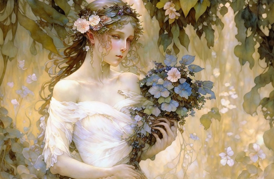 Illustration of woman with floral crown in dreamy nature backdrop