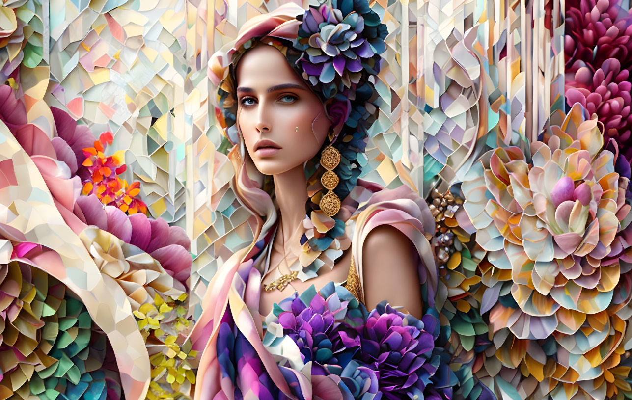 Colorful digital artwork of woman with striking features in floral and geometric patterns