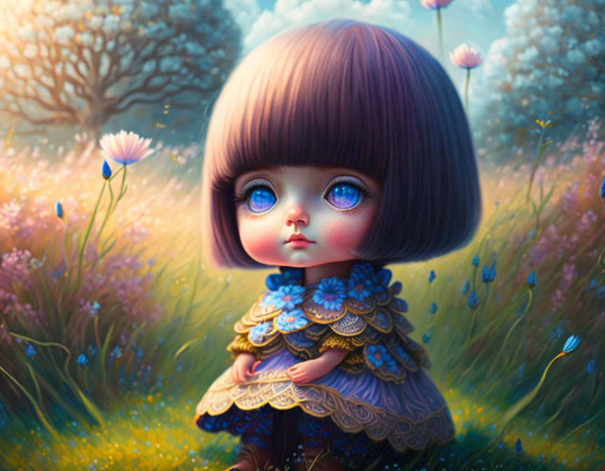 Child with Large Eyes and Bob Haircut in Flower-Filled Meadow at Twilight