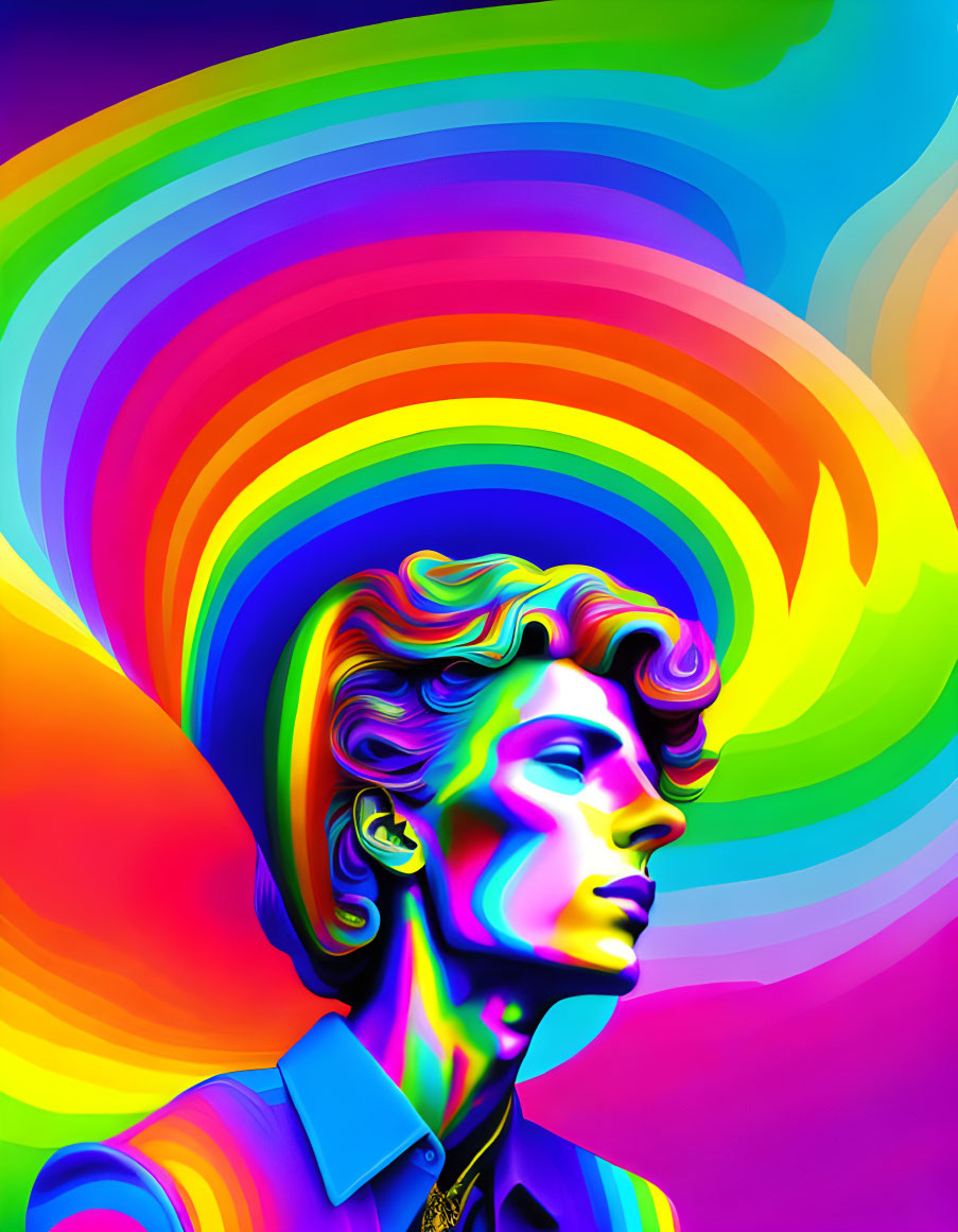 Colorful digital artwork: Person with multicolored waves on rainbow backdrop