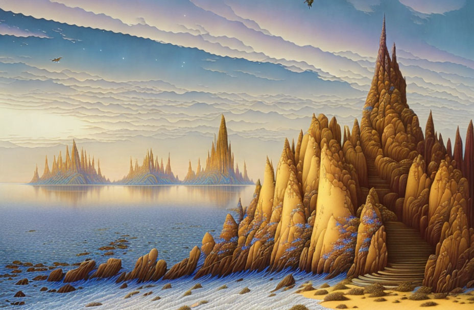 Fantasy landscape with spire-like rock formations and calm water body