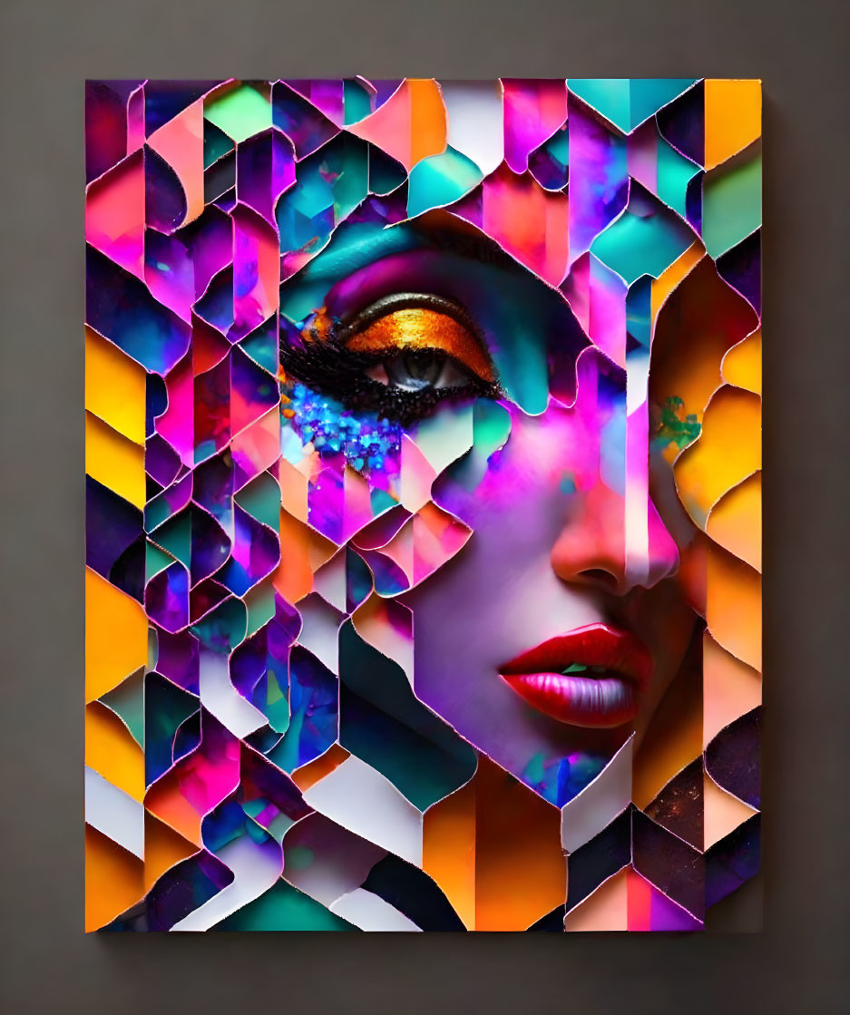 Colorful geometric mosaic portrait of a woman with vibrant makeup on gray background