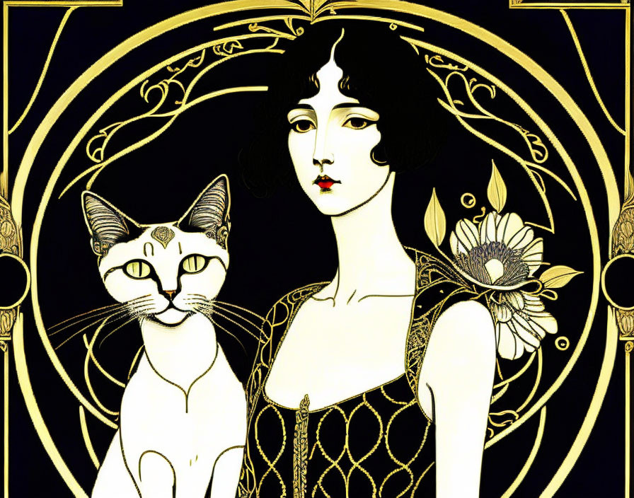 Woman with dark hair and cat in Art Nouveau style illustration