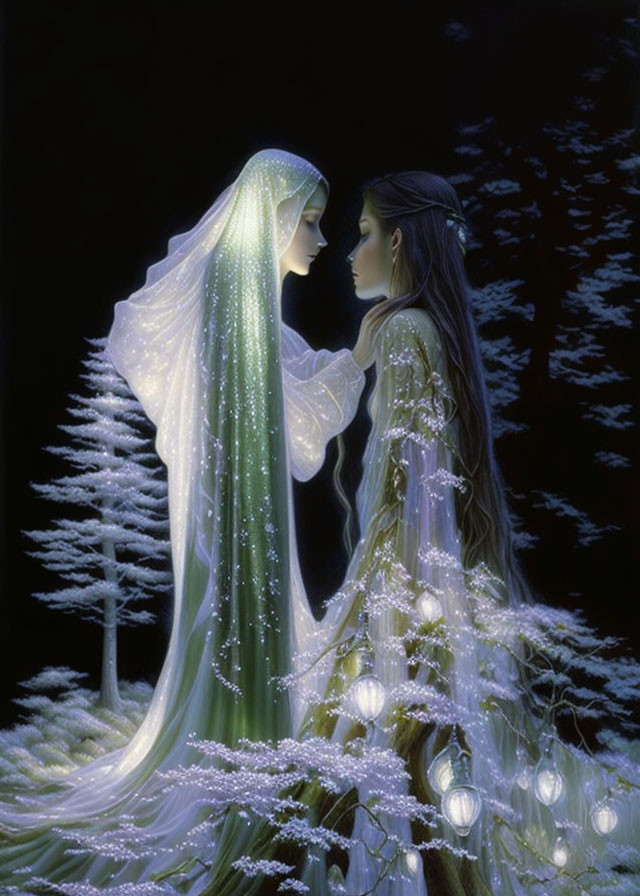 Ethereal figures in luminescent dresses in a starlit forest