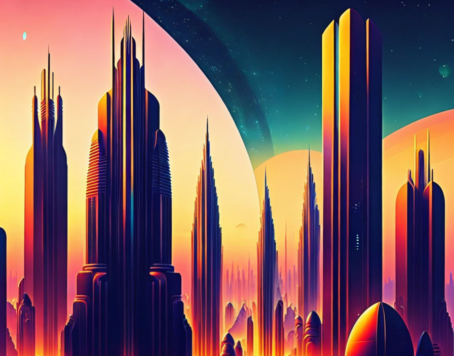 Futuristic cityscape with sleek skyscrapers and large planet in colorful sky