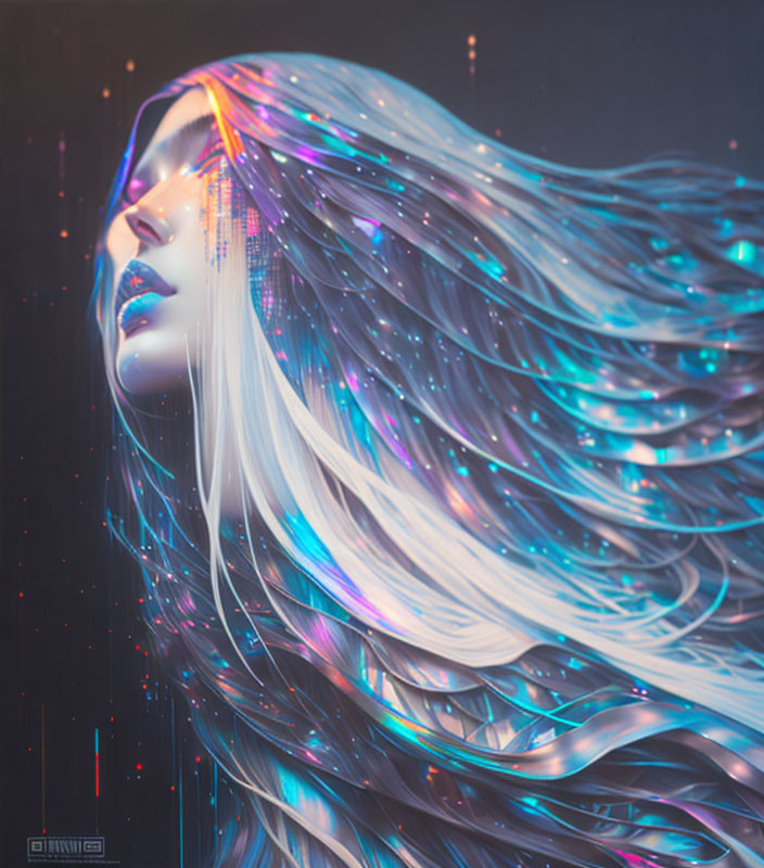 Vibrant digital artwork: Woman with flowing neon hair on dark background