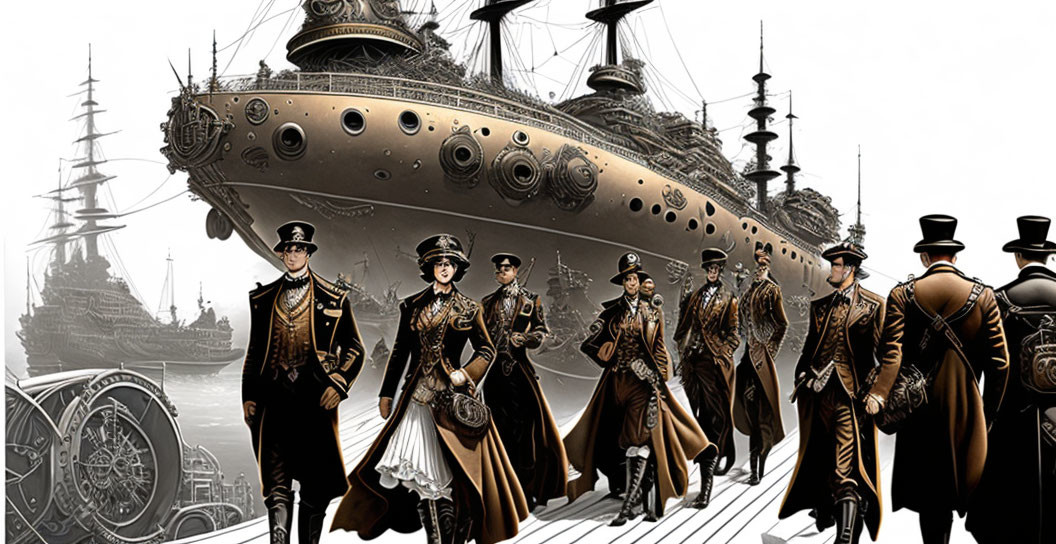 Victorian-themed steampunk illustration with airship and sailing ships