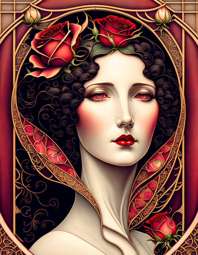 Illustration of woman with pale skin, dark curly hair, red lips, and roses in Art Nou