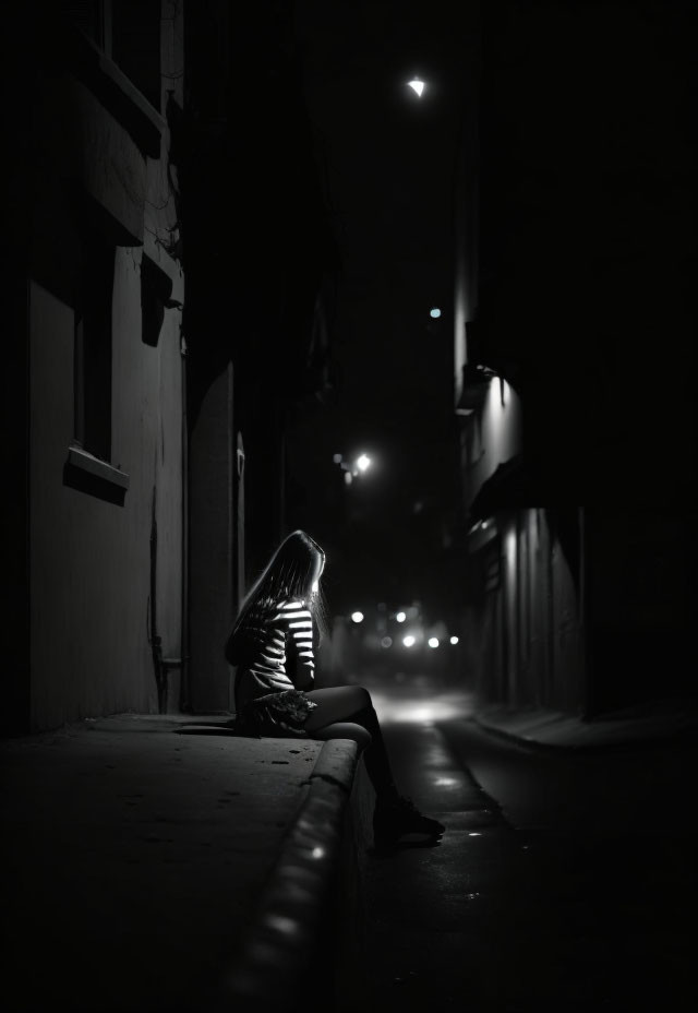 Person sitting on curb in dimly lit alley at night