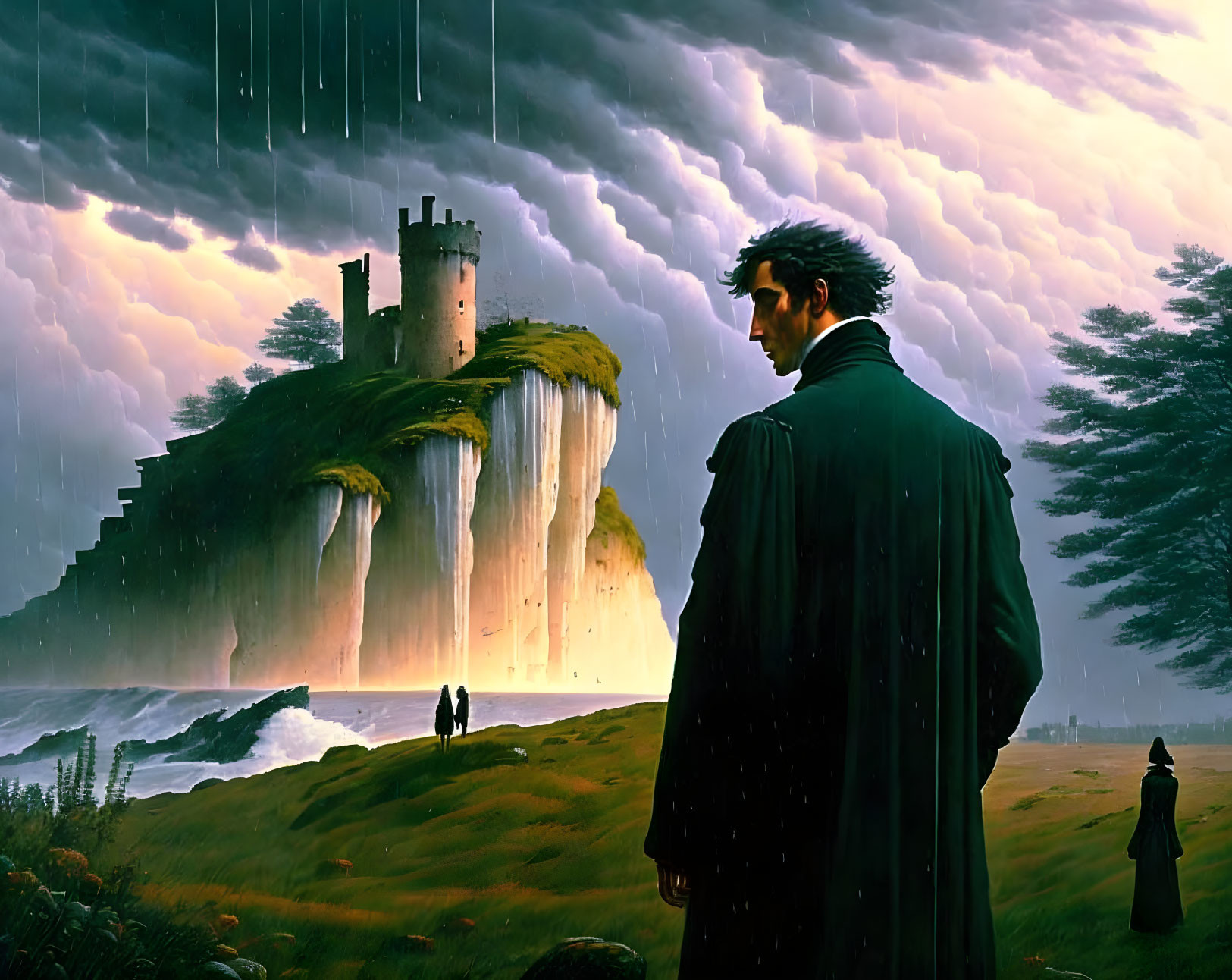 Man in coat gazes at stormy seascape with castle and figures.