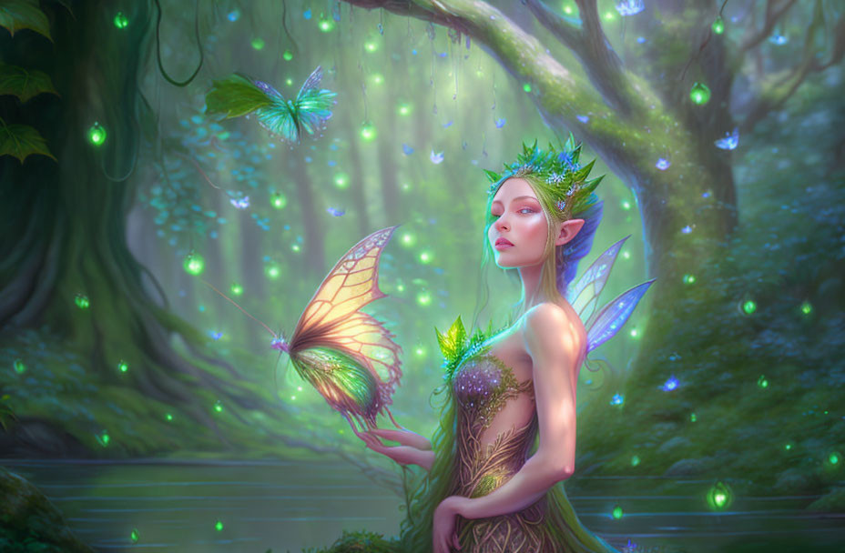 Graceful fairy in lush forest with crown, gazing at butterfly among glowing orbs