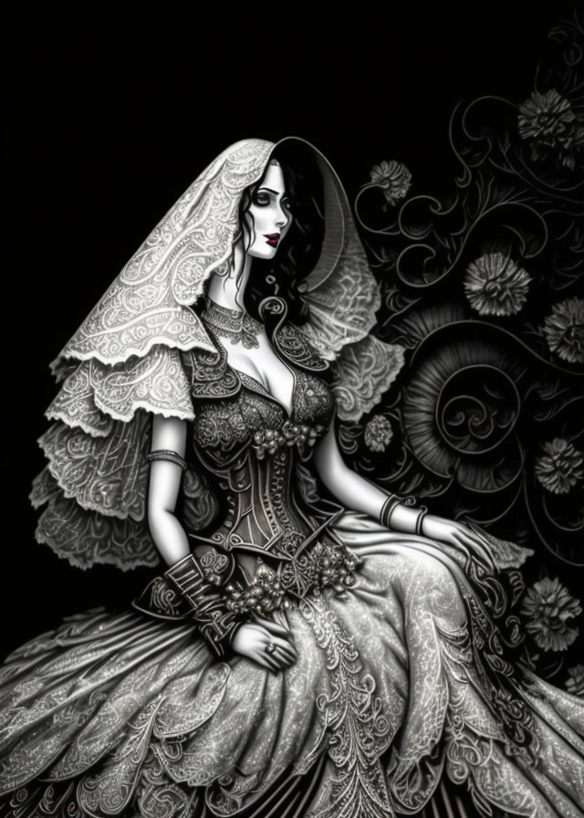 Victorian-inspired woman in monochrome dress with lace and corset, set against floral backdrop