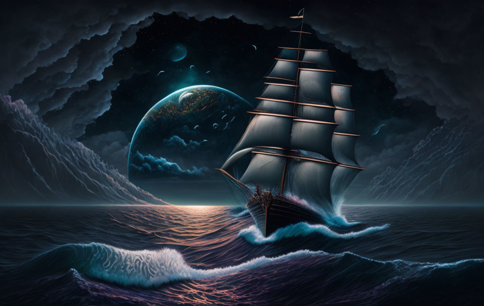 Tall ship sailing on turbulent sea at night under celestial body