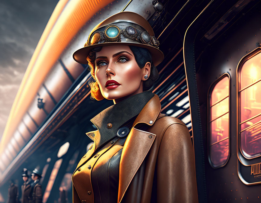 Steampunk woman in goggles hat by vintage train at dusk