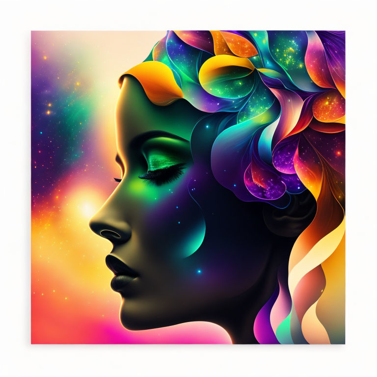 Vibrant digital art: Woman with cosmic hair in mystical space setting