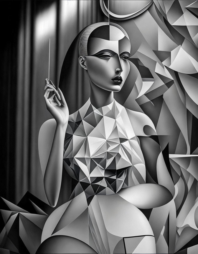 Geometric Monochromatic Art of Stylized Woman with Halo