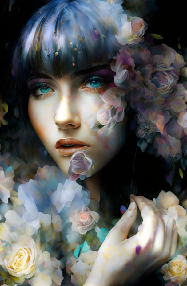 Surreal portrait of woman with ethereal blue eyes and translucent flowers.