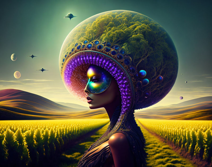 Surreal artwork of woman with jeweled tree headdress in fantastical landscape