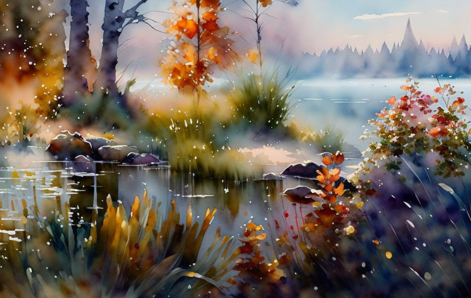 Tranquil watercolor landscape of serene lake with autumn foliage