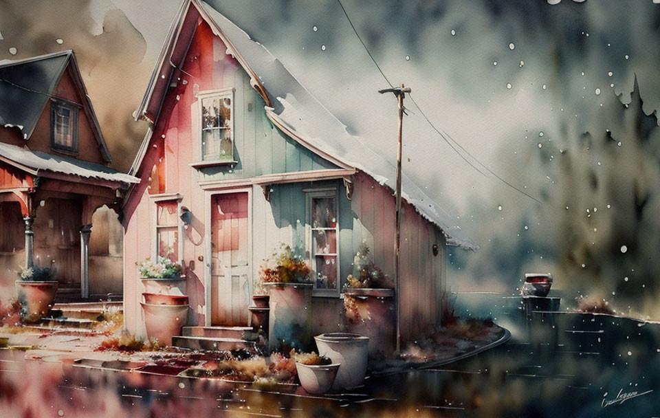 Watercolor painting of quaint houses in rain with potted plants