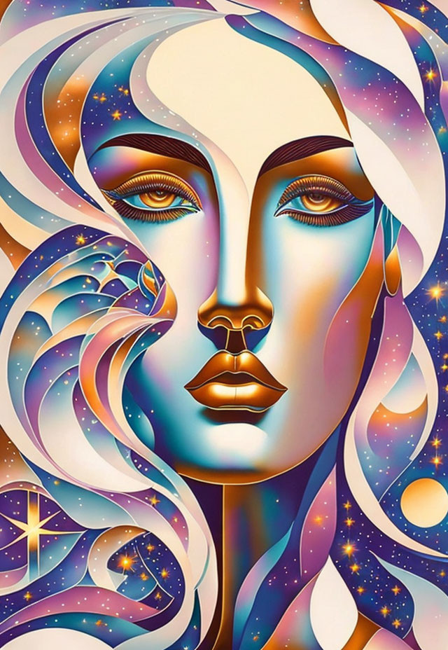 Vibrant woman's face with cosmic elements in psychedelic art