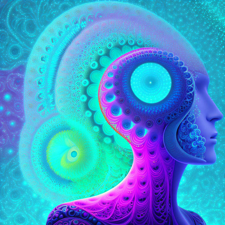 Colorful Human Profile with Psychedelic Patterns in Blue and Purple