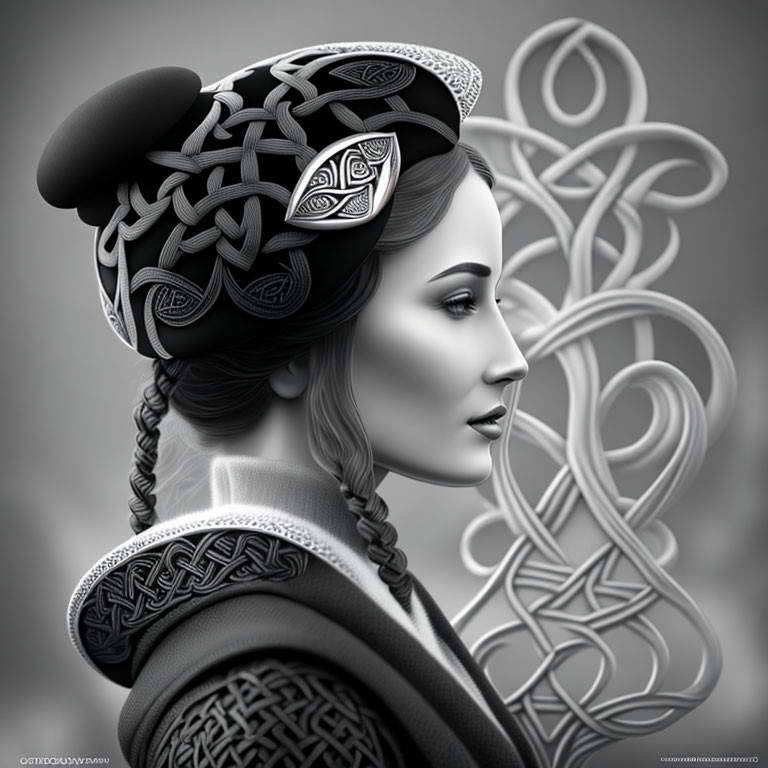 Grayscale digital artwork of woman with Celtic knot designs