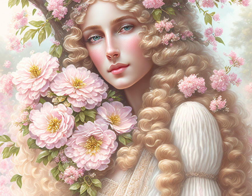 Detailed illustration of woman with curly blonde hair in serene floral setting