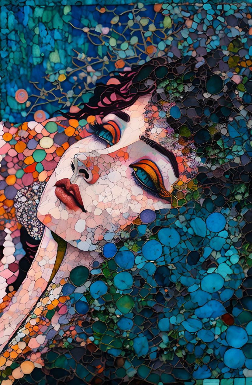 Vibrant blue, orange, and white mosaic of a woman's face