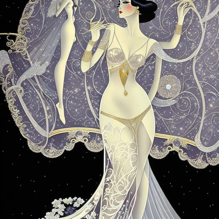 Elegant woman in flowing Art Deco dress against celestial backdrop