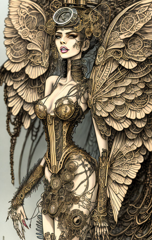 Steampunk-inspired female figure with mechanical wings and gear-adorned attire in bronze tones.