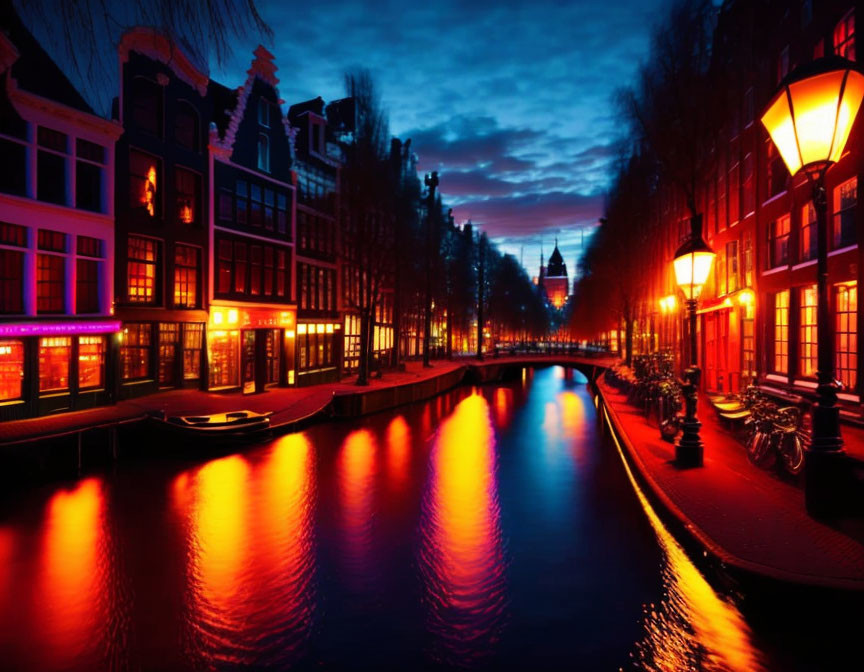 Serene canal at twilight with glowing street lamps and traditional buildings reflected in water