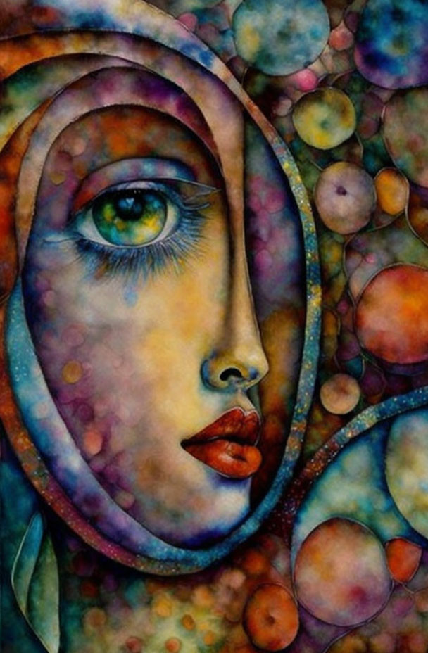 Colorful painting of woman's face with abstract circles showcasing detailed eye.